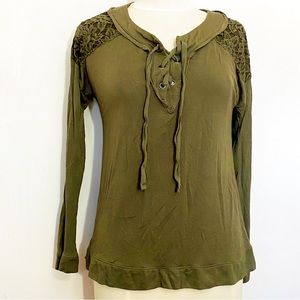 REWIND raw edge lace up neckline crochet lace shoulders rayon knit top L